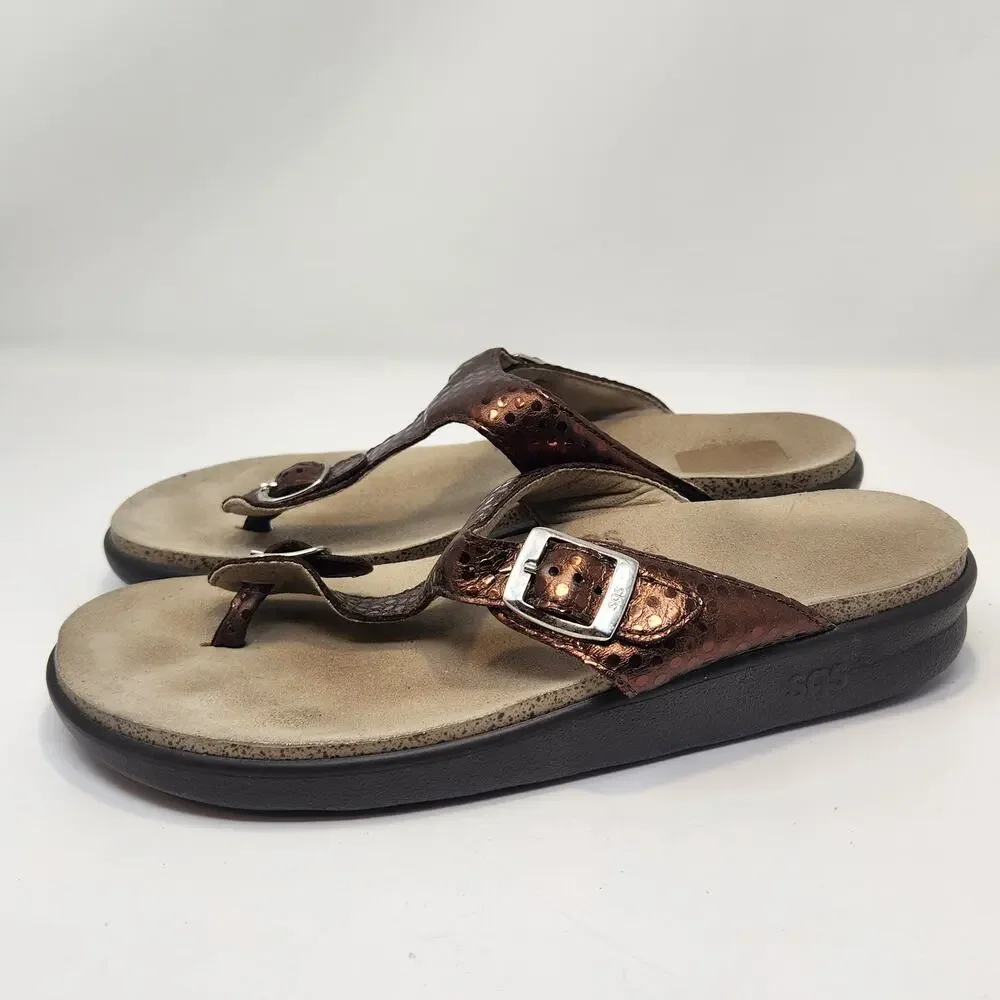 SAS Sanibel Bronze Metallic Leather Toe Post Slide Sandal Size 9.5M Comfort